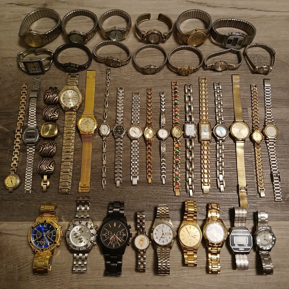 Lot 35+ Watches Parts/Repair ALL Metal Timex Pulsar Relic L.E.I. Nine West